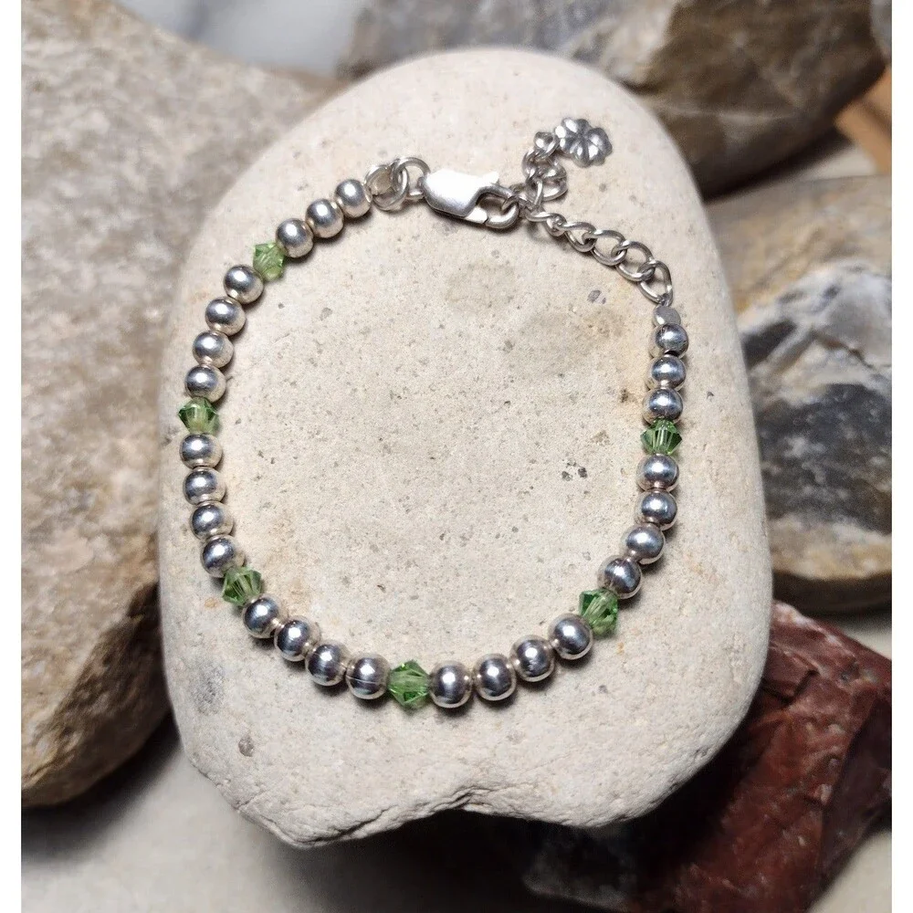 Sterling Silver .925 Green Crystal Beaded Shamrock Charm Bracelet Irish